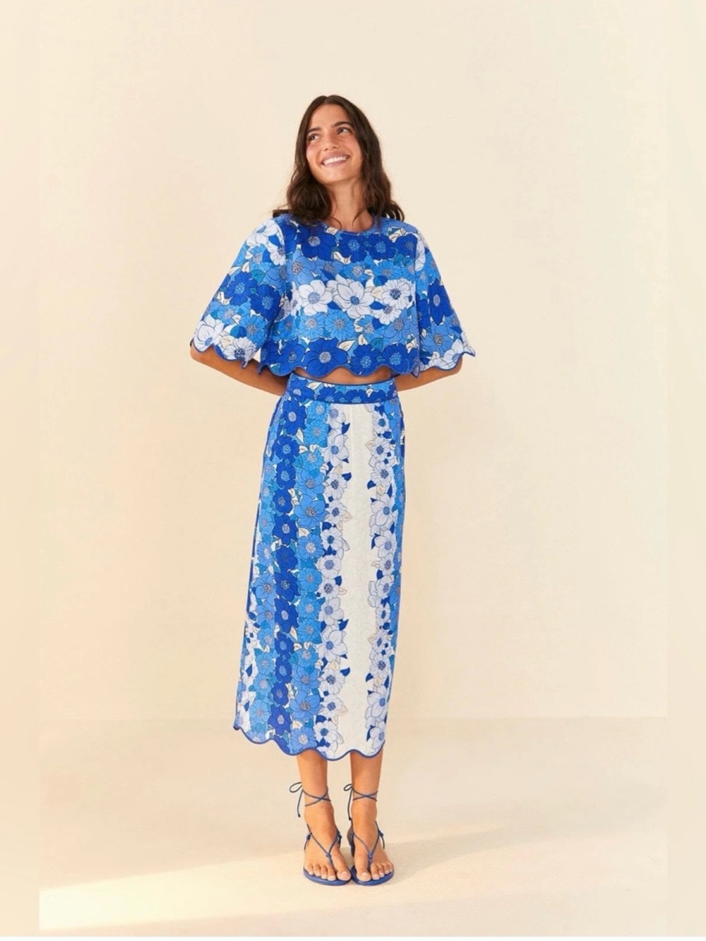 FARM Rio Blue & White Floral Crop Top and Midi Skirt Linen Scallop Set